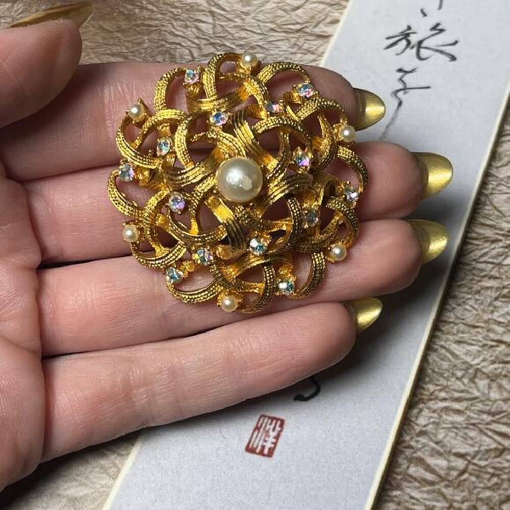 Vintage Large Ornate Gold Tone Faux Pearl and AB Stone Brooch